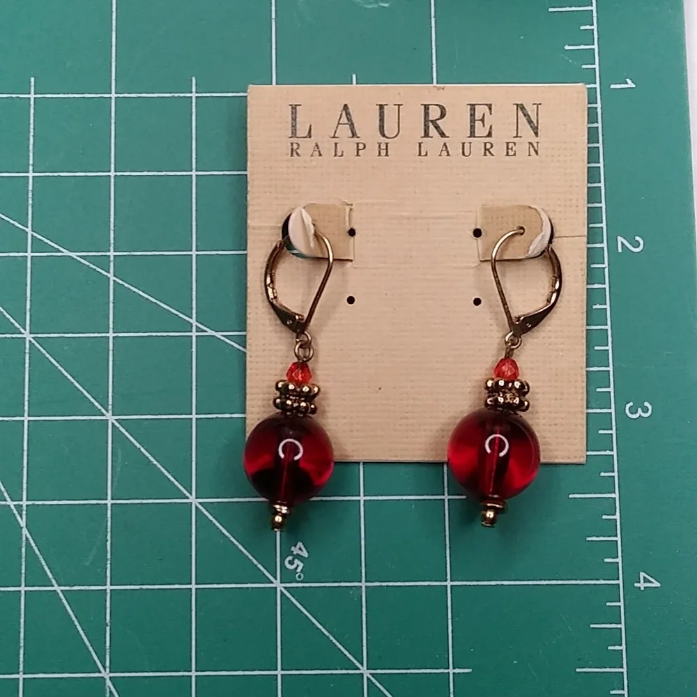 Lauren Ralph Lauren Vintage Gold Tone/Red Leverback Ball Earrings_8